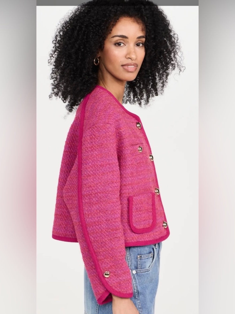 ba&sh Brittany Lady Jacket Pink Tweed Gold Button Cropped Size M - Picture 13 of 13
